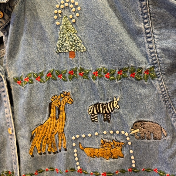 VTG 90s Christmas Noah’s Ark Embroidered Denim Button Up - Picture 3 of 6
